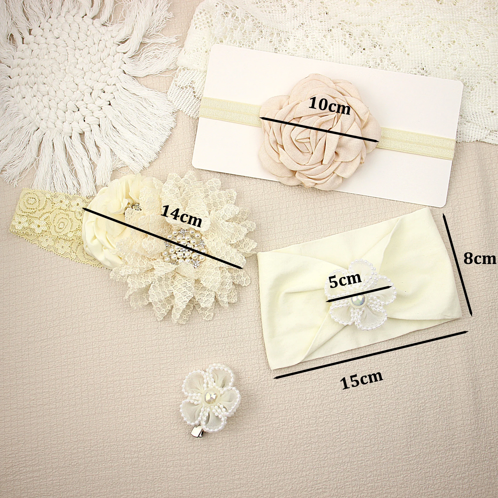4pcs 0-3Y Beige Baby Hair Accessories Set Newborn Flower Lace Headbands Kids Ivory Nylon Turban Baby Girl Diamond Headwrap Set