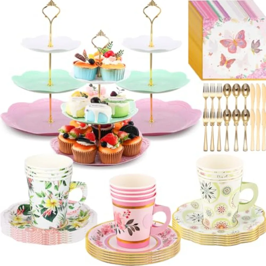 

83 Pcs Disposable Tea Party Set for Women Girls Vintage Floral Tableware with 3 Tier Cake Stand, Paper Cups and Saucers, Plates