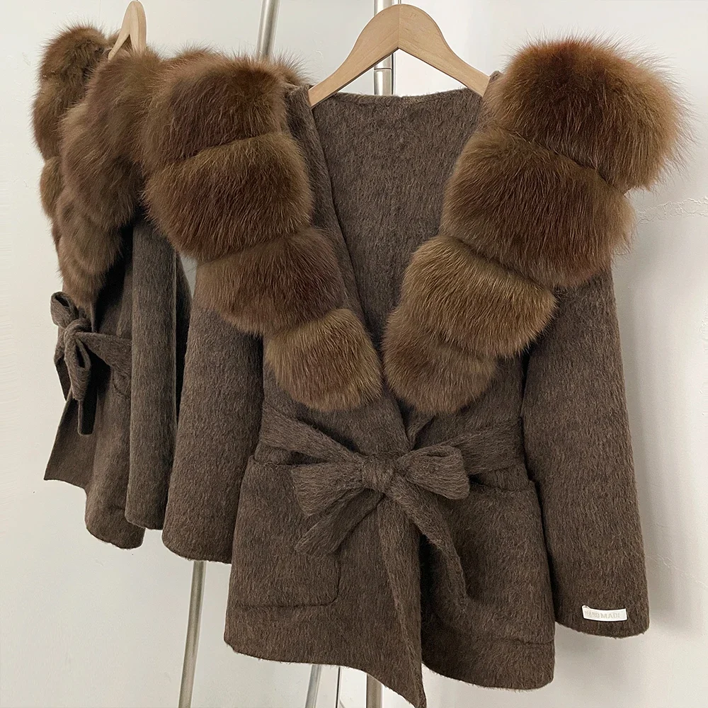 OFTBUY Neue warme Winterkleidung für Damen, Wollmantel mit Gürtel und großem Naturfellkragen, modische Kapuzenjacke aus echtem Fuchsfell und Wolle für Frauen – Detail 10
