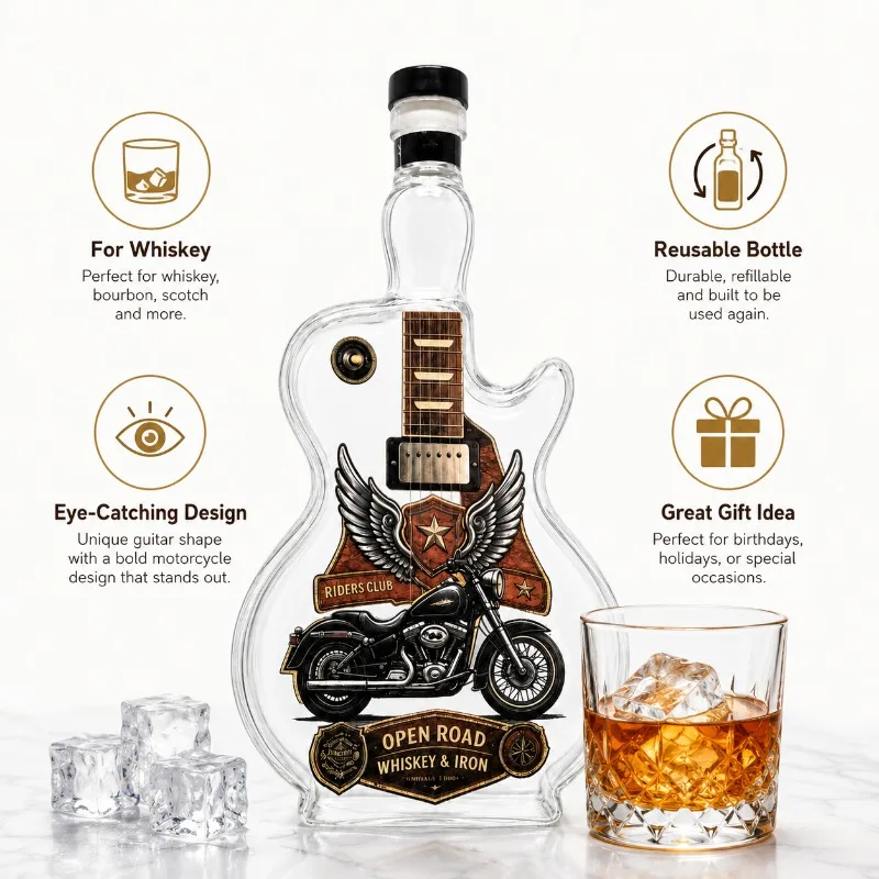 Guitar‑Shaped Glass Whiskey Decanter Motorcycle Sticker Decor Liquor Bottle Unique Home Bar Display Ornament Gift