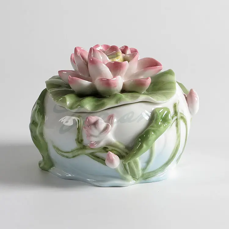 Glazed Ceramic Lotus Jewelry Box with Lotus Flower Lid Vintage Floral Trinket Storage Jar Tabletop Decorative Container Gift