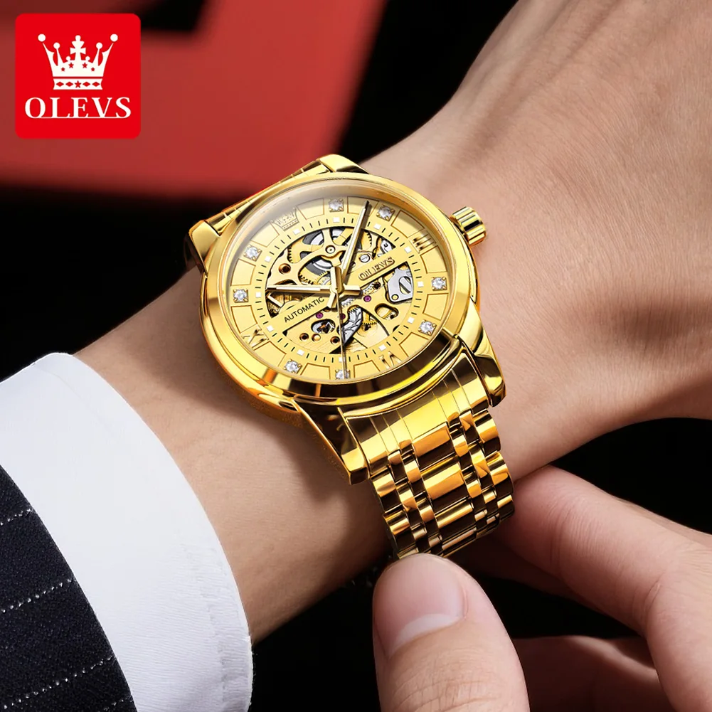 OLEVS 9901 Mens Watch Luxury Stainless Steel Skeleton Mechanical Watch Waterproof Luminous Watches For Man Gift High Quality