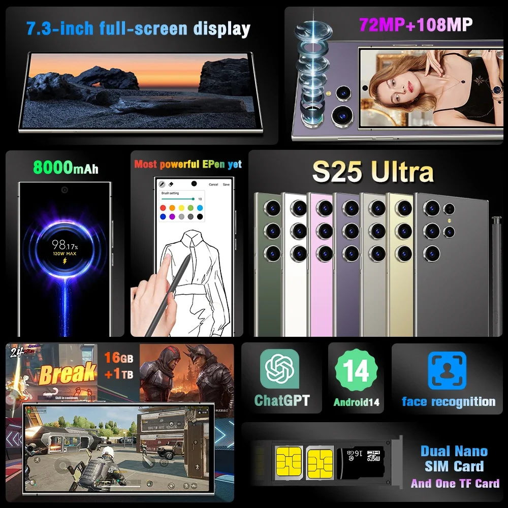 S25 Ultra original intelligent 5G double carte double veille système Android 14 version mondiale batterie 8000mAh