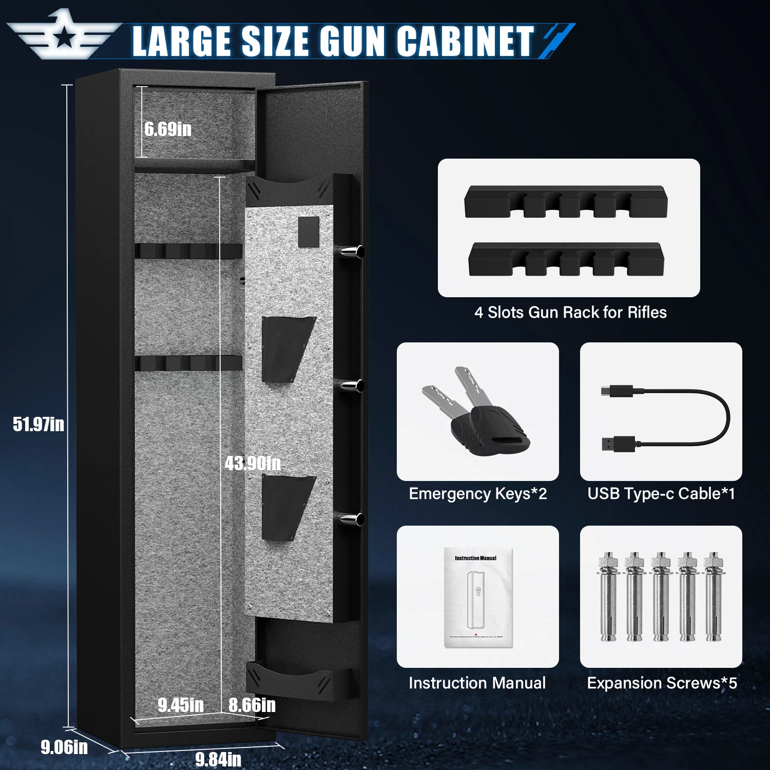 Kavey Digital Rifle Gun Safe, Quick Access Gun Cabinets with LED Light, Rifle Safe with Adjustable Gun Rack Removable Shelf