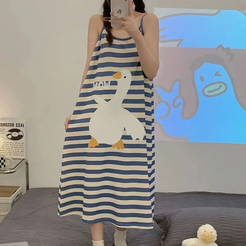 Super Large Size 150kg Loose Homewear Summer Pajamas Korean Sleeveless Maxi Dress Cartoon Stripe Suspenders Nightdress Sleepwear