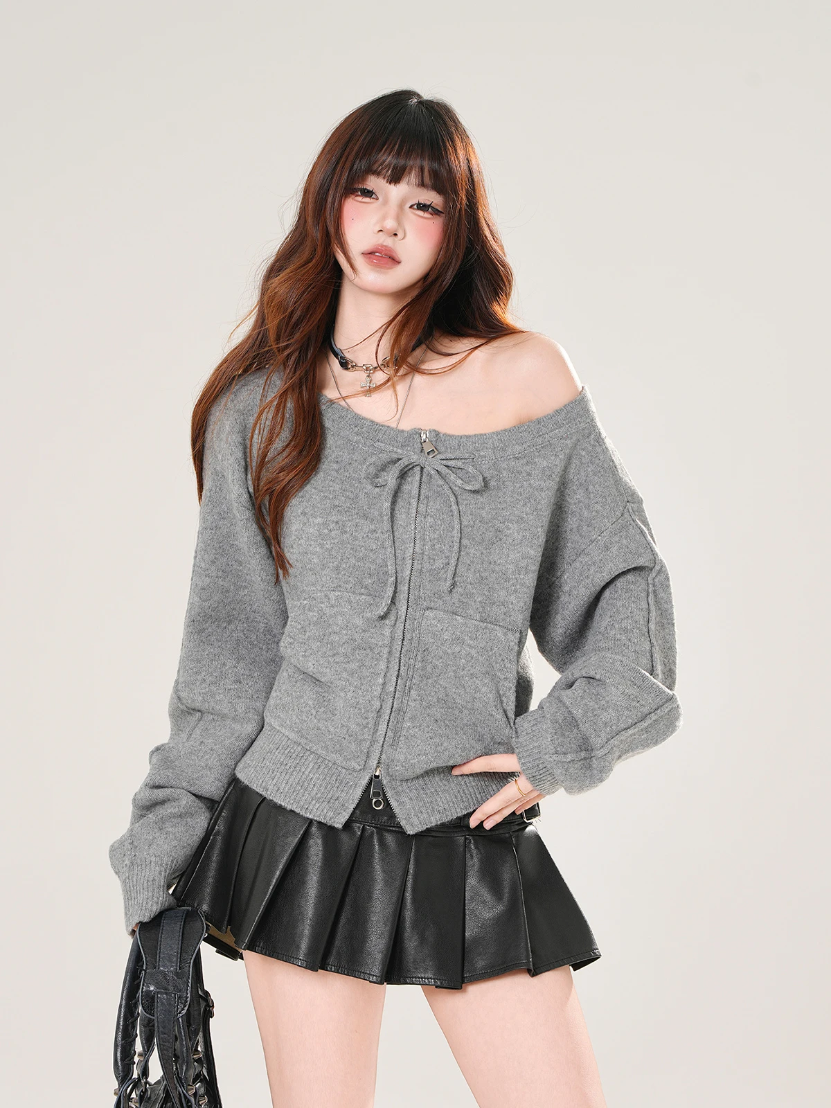

kit Korean Sle Loose Knitted Cardigan Sweater Women's Autumn Winter oulder Bared Long Sve Warm Fing Outerwear