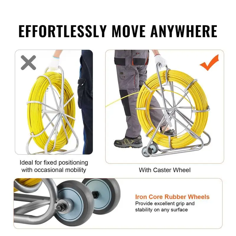 Aiguille Électricien 200 m pour tirer fils électriques en fibre de verre avec support en acier, 3 têtes de tirage, outil d'extraction de câble flexible 8 mm, pour murs, conduits électriques, non conducteur
