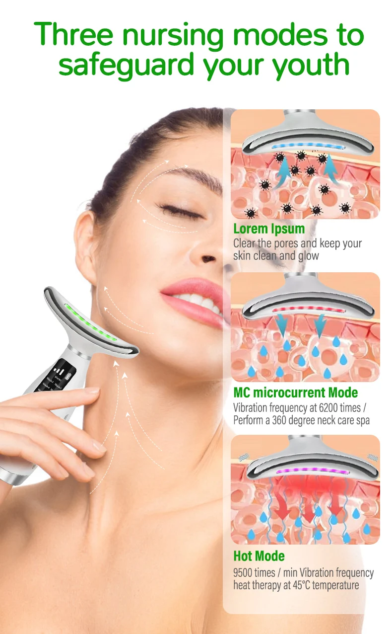 Ohio eur facial anti-rides EMS à micro-courant, vibration, chauffage, ascenseur, raffermissement, appareil de beauté du cou, 7 modes, 3 vitesses