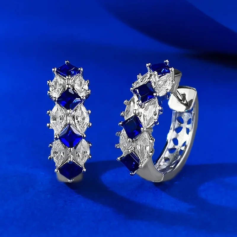 New S925 Silver Fashion Color Treasure Blue Gang Simulated Diamond Earrings for Daily, Retro Fashion Wedding Jewelry