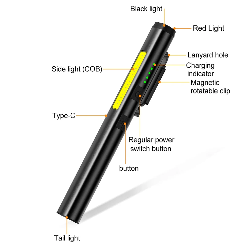 USB充電式uv懐中電灯,多機能ミニLED懐中電灯,4 in 1,uv/led/cob,インジケーター付き