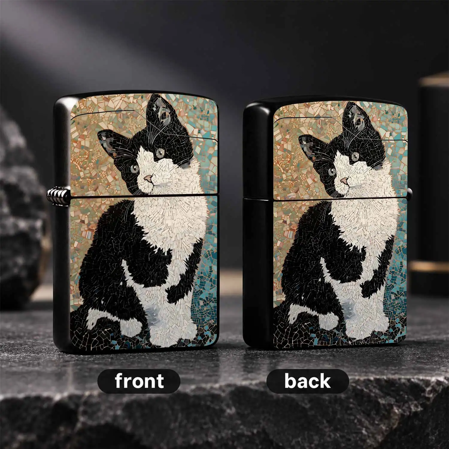 Creative Mosaic Tuxedo Cat Lighter, Exquisite Retro Broken Tile Collage Style Black White Cute Kitten Pattern, Multi-Scene Portable Igniter For Home Outdoor Use, Unique Lovely Gift For Cat Lovers Art Enthusiasts A Humorous And Interesting L