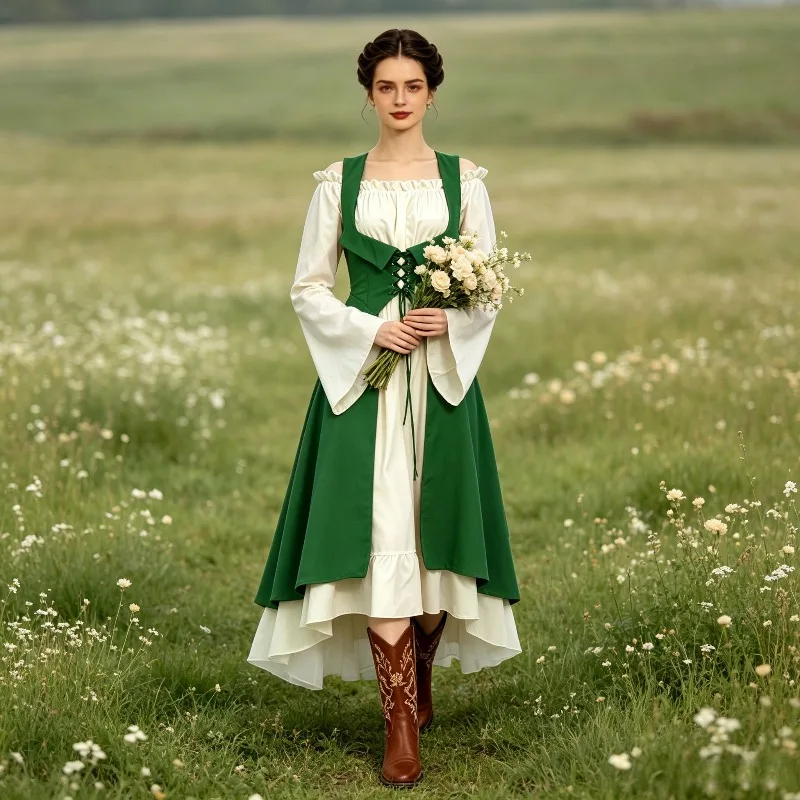 Vestido Largo de la Época Renacentista Europea, Corsé Medieval, Traje para Actuaciones Escénicas, Elegante Vestido de Fiesta de Cuento de Hadas, Conjunto para Fiesta de Carnaval