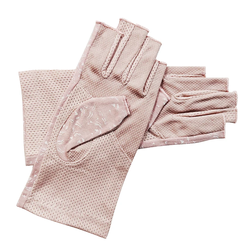 Guantes finos de algodón con estampado de plumas para mujer, antideslizantes, transpirables, protectores solares, sin dedos, para conducir, Verano