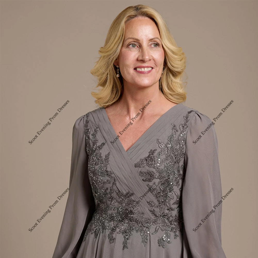 فساتين أم العروس باللون الرمادي البسيط مع دانتيل بأكمام كاملة على شكل حرف A فساتين حفلات الزفاف للنساء لصيف 2025 رداء De Soirée الجديد