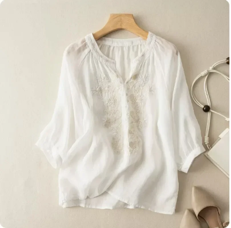 Chinese Style Embroidery Women\'s T-shirt, O-neck, Loose, Short Sleeves Tees, Cotton Linen Tops, Vintage Clothing, New, Summer