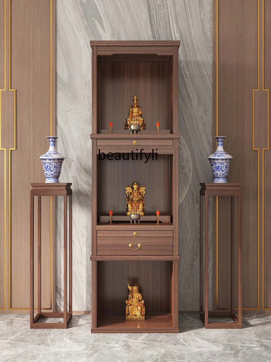 Household Solid Wood Three-Layer Buddha Cabinet Altar Incense Burner Table New Chinese Style Black Walnut Simple Clothes Closet