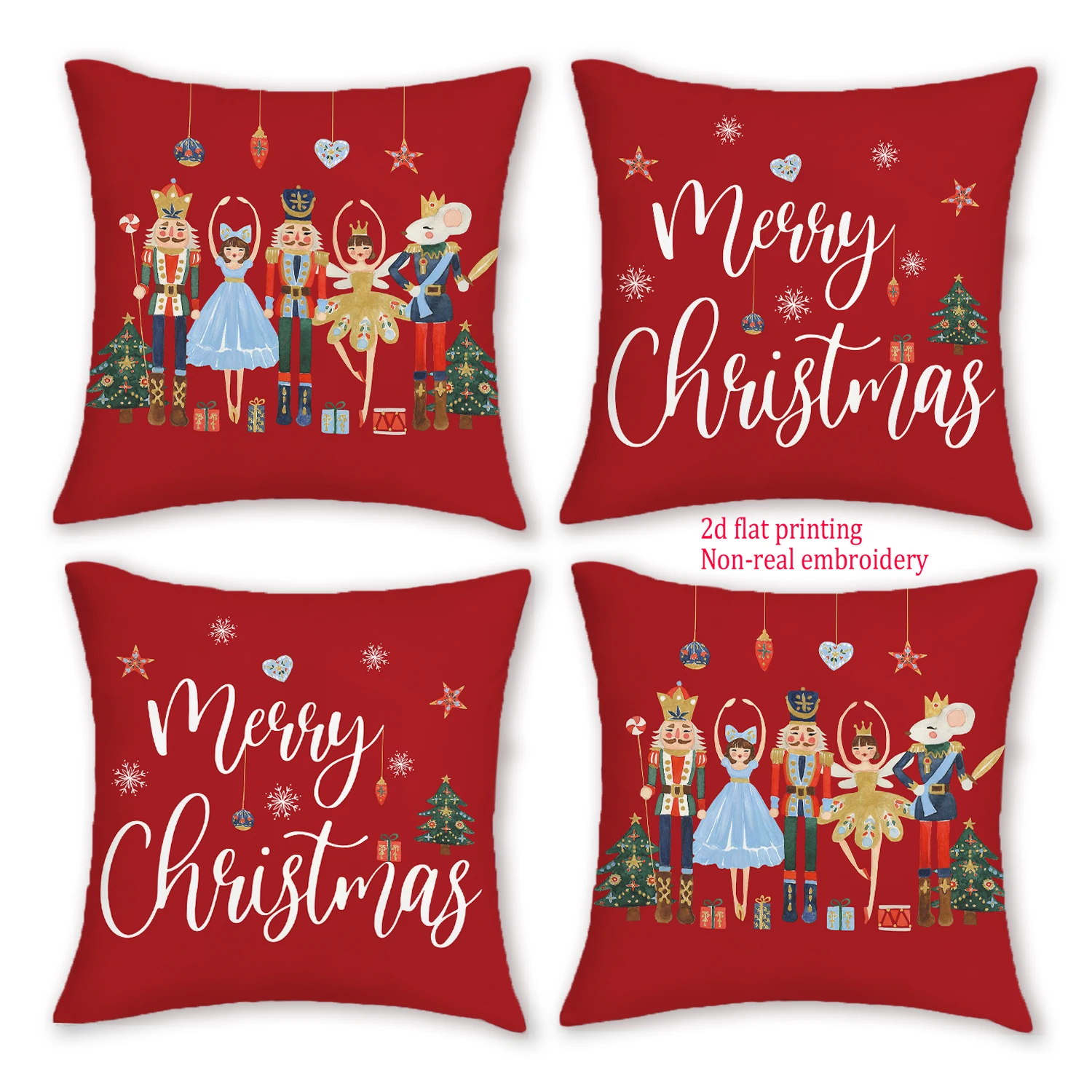 4pcs, 2D Flat Printing Merry Christmas Cushion Covers, Nutcracker Non-real Embroidery Winter Home Decor Throw Pillow Covers