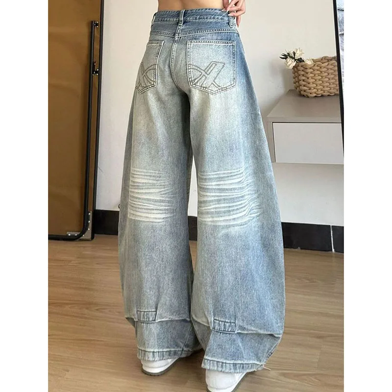 

Женские джинсы с широкими штанинами весна-лето 2026, винтажные, свободные, с высокой талией, из выстиранного денима, светло-голубые, индивидуальные брюки