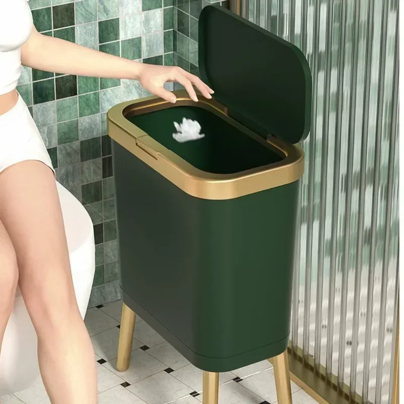 15L Press Type Waste Bin Nordic Trash Can with High Legs Narrow Slit Waste Basket with Lid Kitchen Bedroom Toilet Garbage Bins