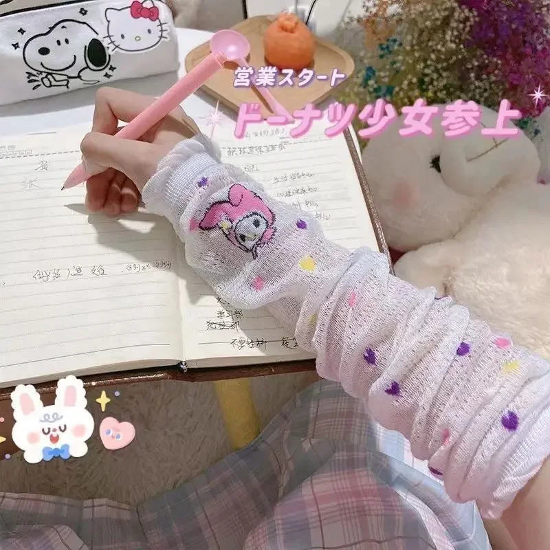 Y2k Goth Lolita Anime Summer Thin Gloves JK Girls Cute Kitten Cartoon Mittens Oversleeve Sun Block Cuff Fingerless Arm Warmers