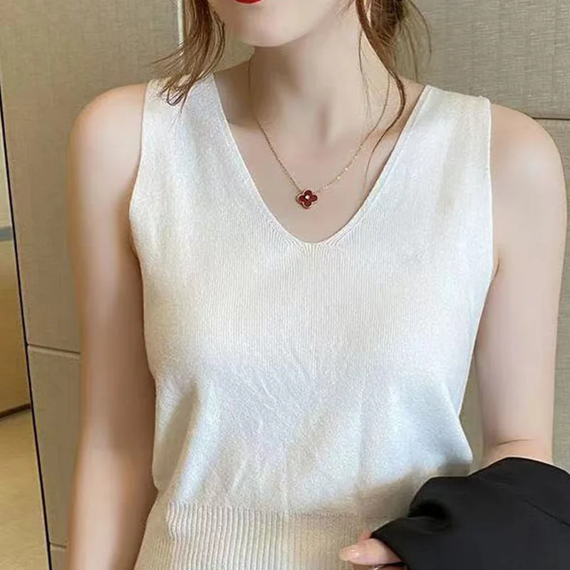 2024 New Summer Office Lady Simplicity Oversized High Waist Tank Top for Women Solid Knitting V Neck Sleeveless Y2K Chic Tops