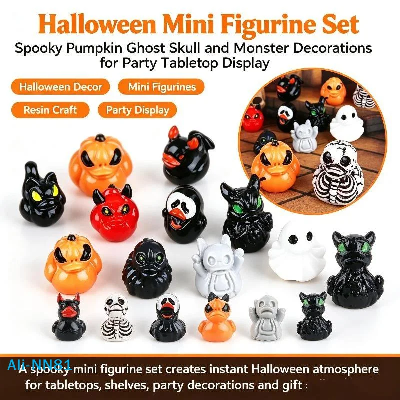 【N】10Pcs Halloween Pumpkin Duck Micro Landscape Resin Ornament Devil Duck Halloween Carnival Party Gift Home Desktop Decoration