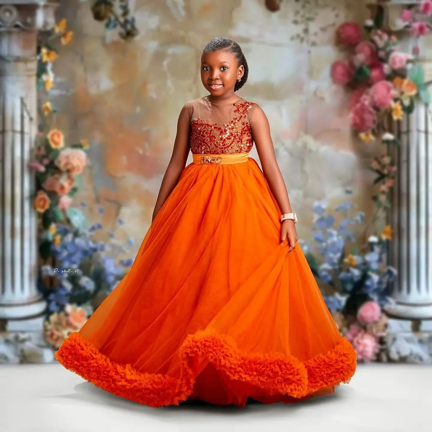 

Orange Girls Birthday Party Dresses Customized Beading Princess Tulle Flower Girl Dresses for Wedding Baby Kids Pageant Dress