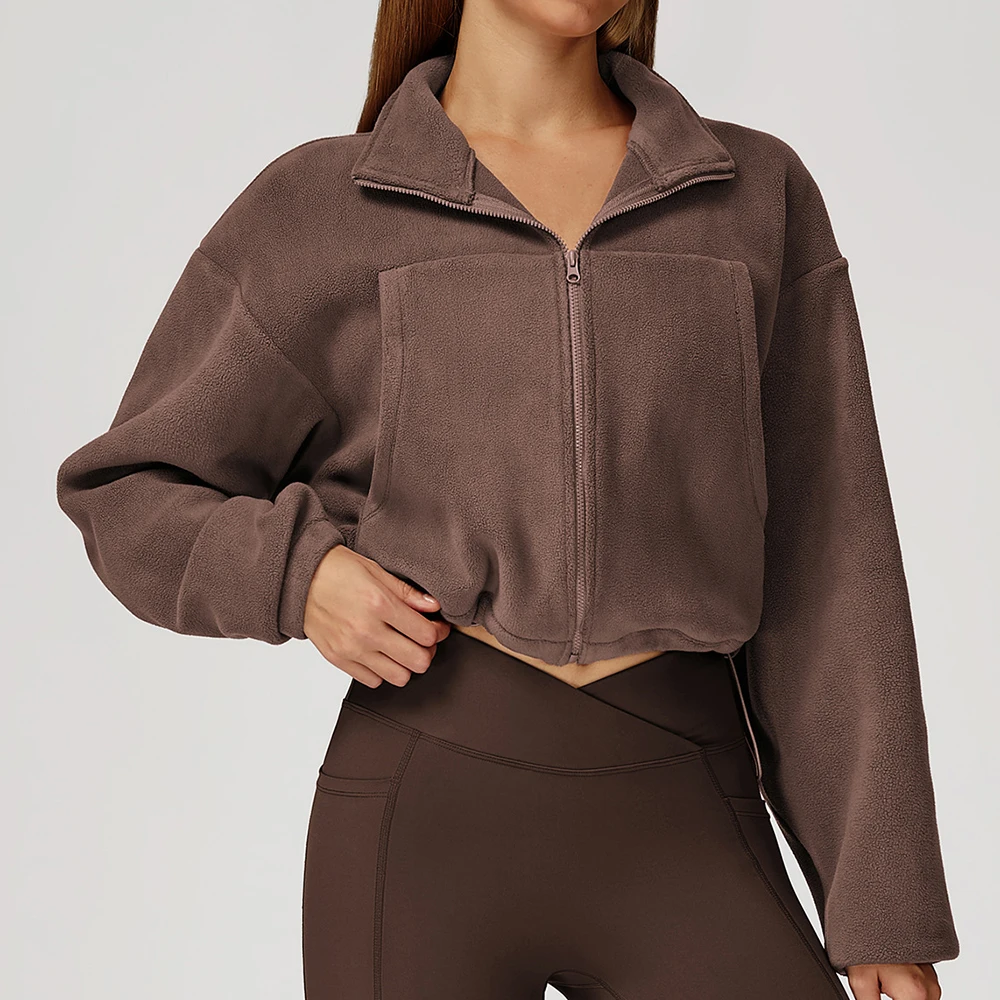 

Winter Coat Stand Collar Windproof and Warm Long Sleeved Fleece Drawstring Jacket for Women's Running With Fleece Sports Jacket