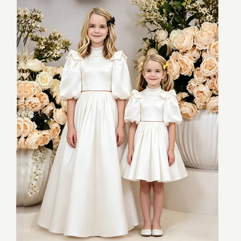 White Satin Sister Matching Flower Girl Dress Puff Sleeve High Neck A Line Long Short 2 Styles Kids First Communion Wedding Part