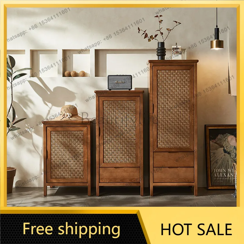 FG Nordic rattan solid wood log color living room high and low lockers