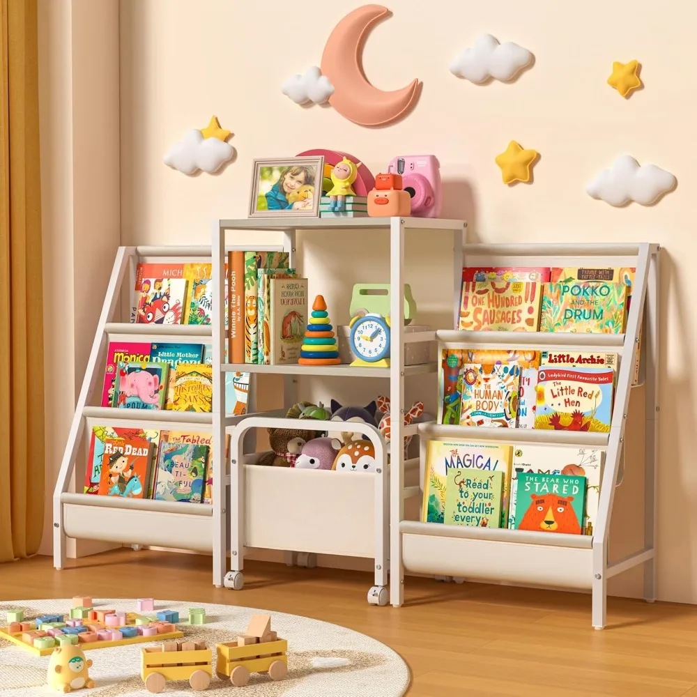 

Bookshelf and Toy Storage,2 Sided Montessori Bookshelf, Large Toddler Book Shelf with Movable Toy Bin,6 Tiers Baby Bookshelf