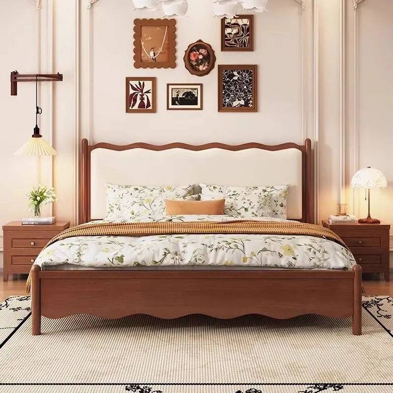 Retro solid wood bed 1.8 meters double bed medium antique wave bed French soft bag small apartment master