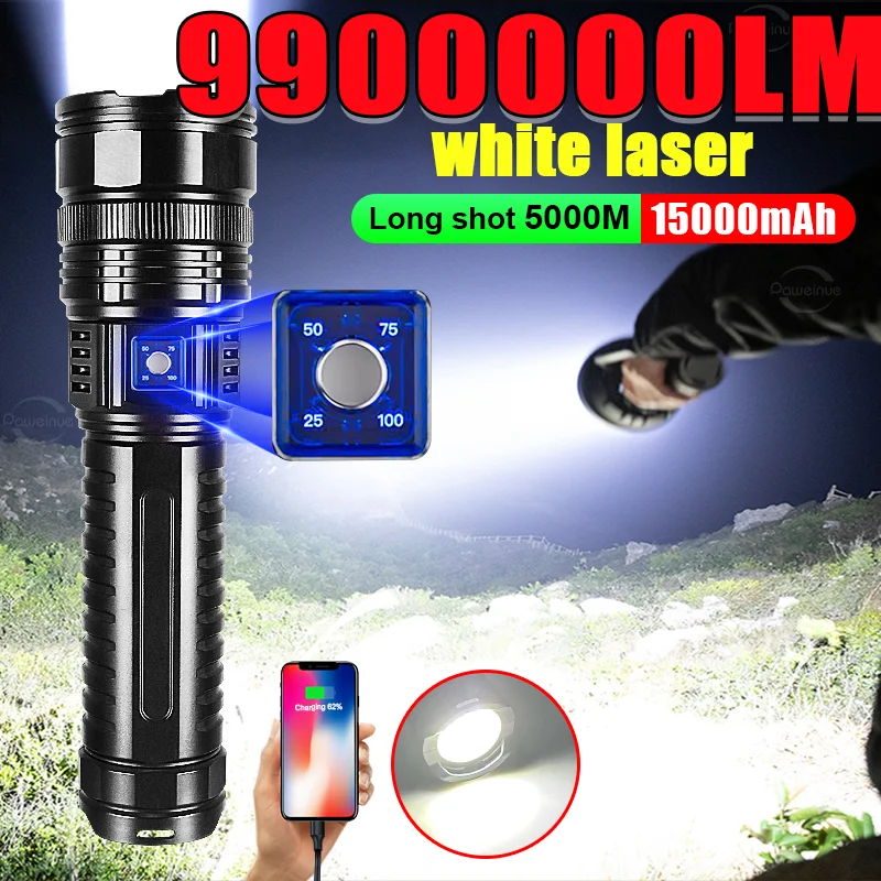 2024 New White Laser Flashlight 15000mAh Rechargeable Torch Outdoor Adventure Light Portable Lantern Camping Light with Strap