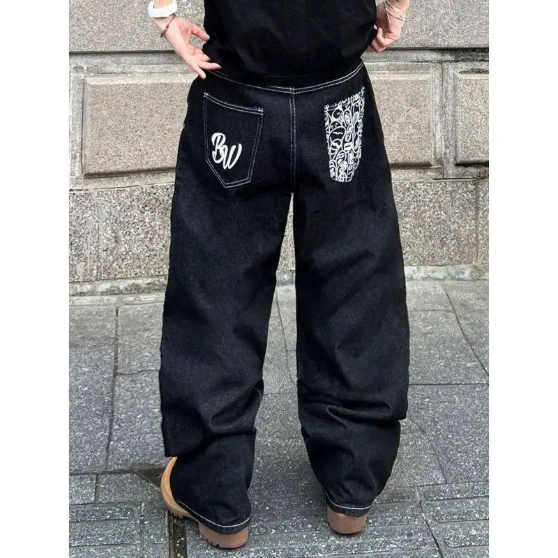 Washed Wide Leg Jeans N 60884 Cross-Border Casual Pants Mid-Low Waist Denim Fabric Other Material 100% for Middle-Aged Women
