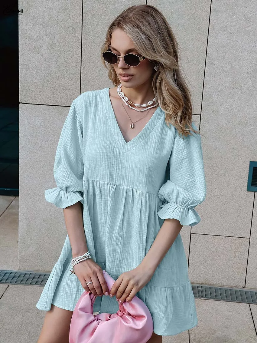 

Oymimi Fashion Blue Cotton Womens Dresses Elegant V-Neck Half Sleeve Solid Dresses Fashion High Waisted Mini Dress Streetwear