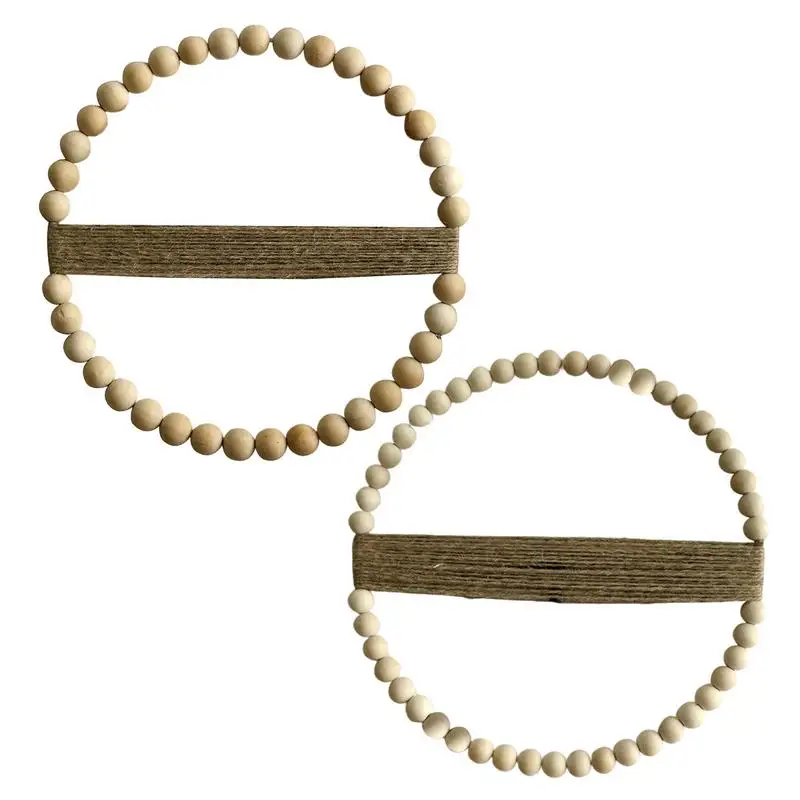 Wood Bead Door Wreath Round Boho Wreath Chic Ornament 12.6 X 12.6 Inch Decorative Wreath For Home Wall Front Door Decor