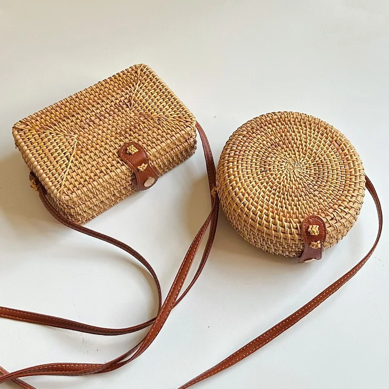 

Vintage small round bag, handmade wicker woven small square bag, round hollow bag, single shoulder crossbody small fresh bag
