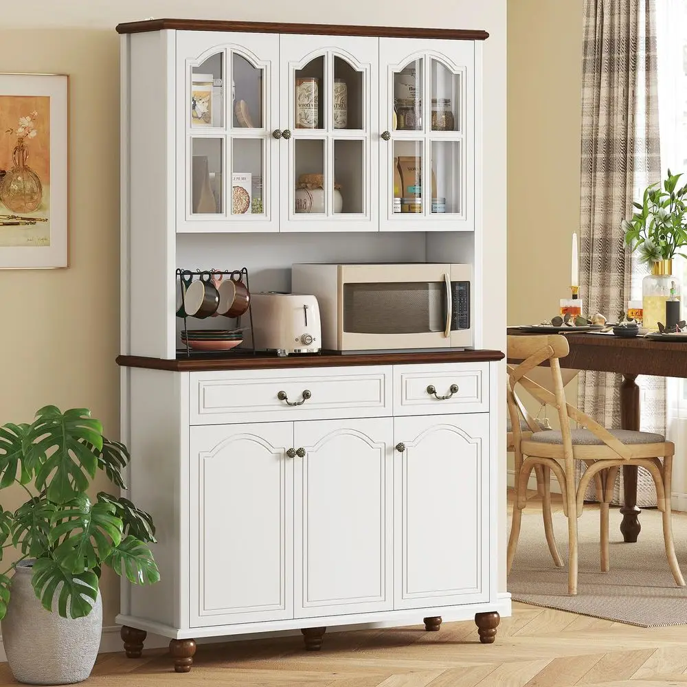 71 Kitchen Pantry Cabinet, Kitchen Hutch with Soft Closing Window Pane Doors, Freestanding Storage Cabinet with Microwave Stand