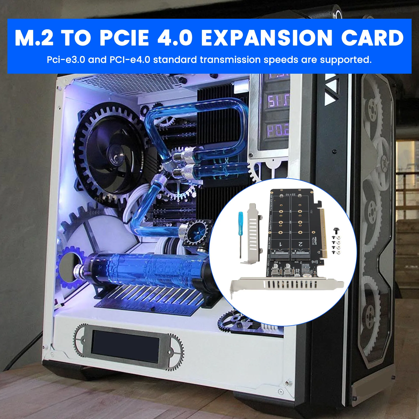 newyear828 PCIE 4.0 Dual-Disk PCIeX16 to M.2 M-Key NVME SSD Expansion Card,Supports 4 NVMe M.2 M Key 2280 SSD