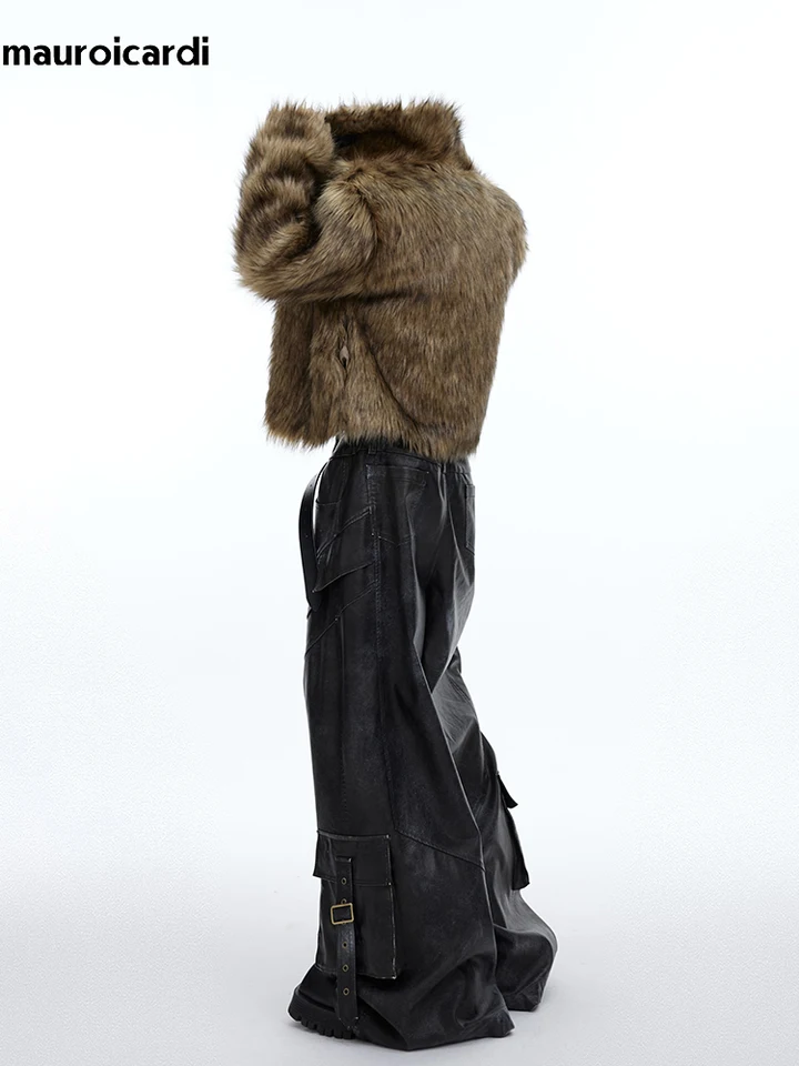 Mauroicardi Winter Short Thick Warm Brown Hairy Soft Faux Fur Coat