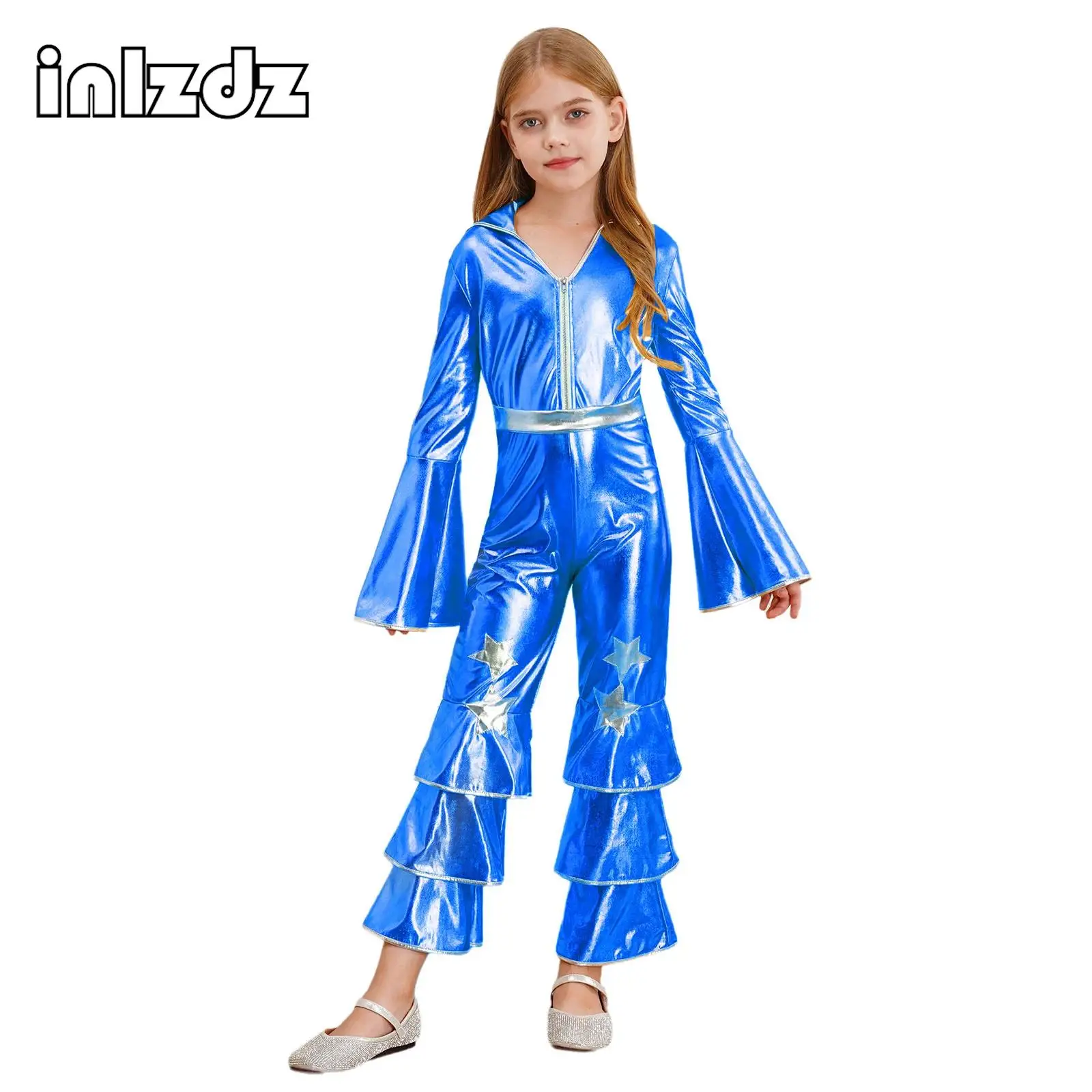 Kids Girl Metallic jumpsuit Ballet Jazz Dance Performance Costumes 70s Hippie Flare Sleeve Ruffle Bell Bottom Full Bodysuit