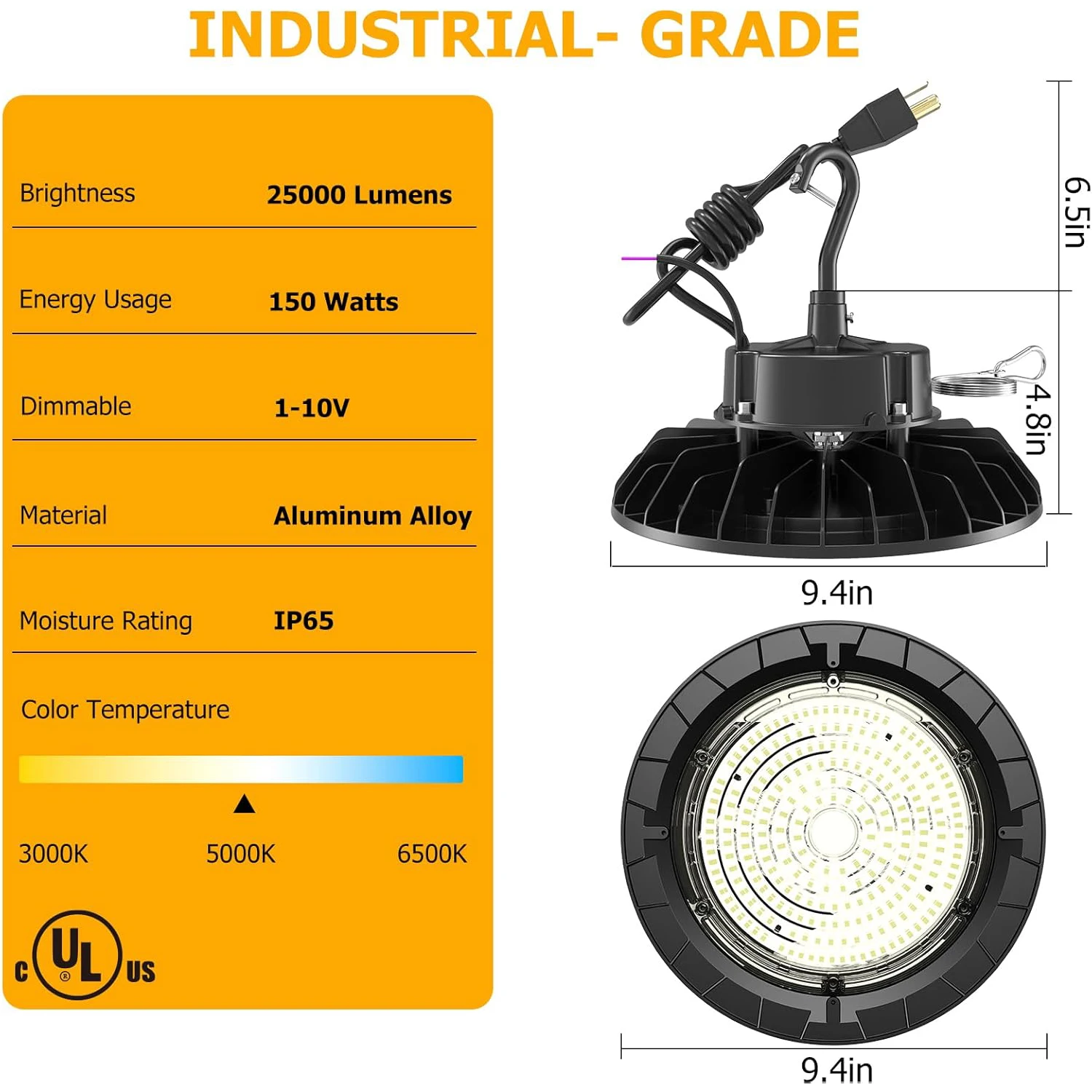 4PCS UFO Led High Bay Light 5000K Daylight 150W 25000 Lm Dimmable 1-10V T Series Led Mining Light for Warehouse Factory Barn