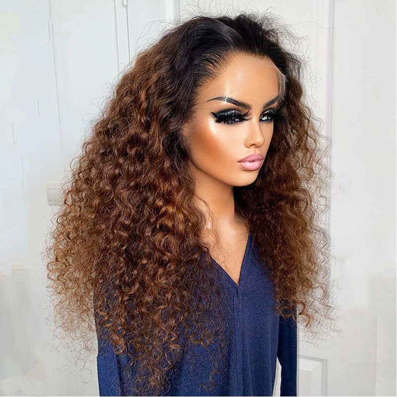 Soft 26“ Glueless 180Density Long Ombre Blonde Brown Kinky Curly Lace Front Wig For Women BabyHair Preplucked Heat Resistant