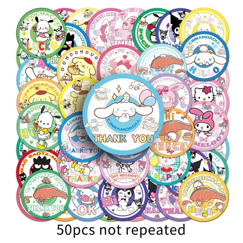 50Pcs Anime Sanrios Badge Sticker Cartoon Cute My Melody Kuromi Waterproof Decoration Sticker Kawaii Hello Kitty Closure Sticker