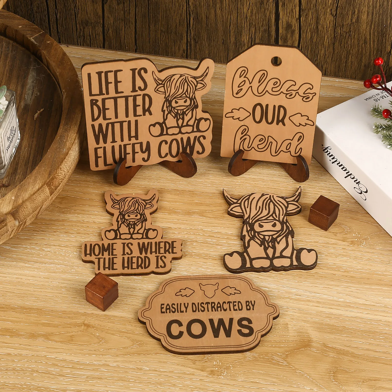 Highland Cow Tiered Tray Ornaments Bless Our Cows Wooden Sign Decorative Ornaments For Farmhouse Tabletop Decoration 1 Set