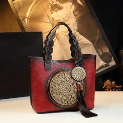 Cowhide Leather Women Handbags Vintage 2024 New Fashion Embossed Tassels Single Shoulder Crossbody Bag Large Capacity Tote Bags