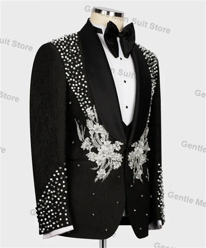 Luxury Black Men Suits 2 Piece Blazer+Pant Crystals Flower Applique Wedding Tuxedo Coat Customized Formal Office Jacket Trouser