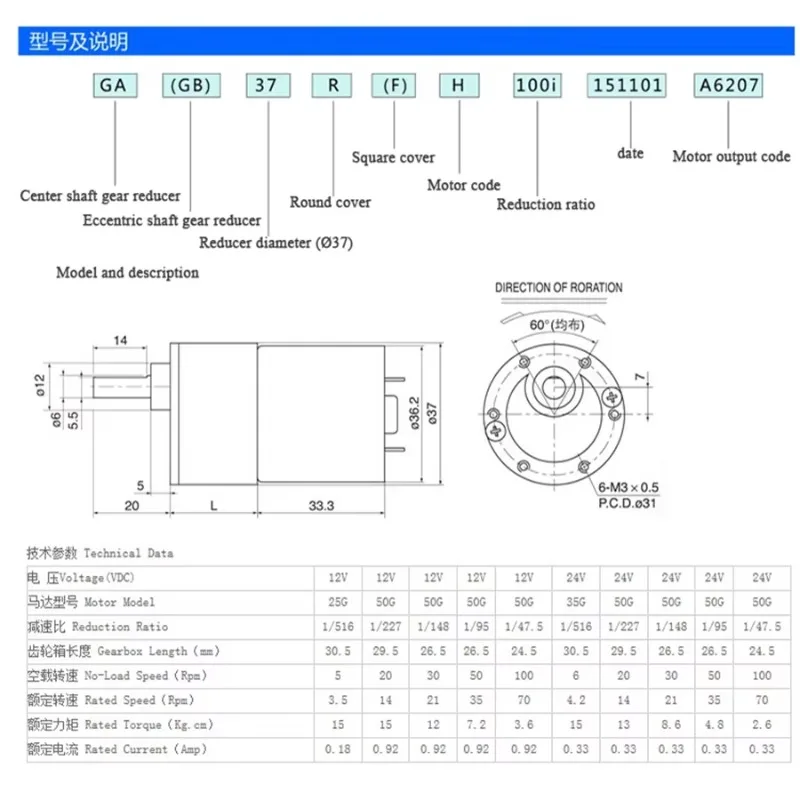ZGB37RG DC 12V/24V Geared Motor 24rpm 5/10/20/30/50/60/85/100/150RPM Speed 37MM Off-axis Gear Motor