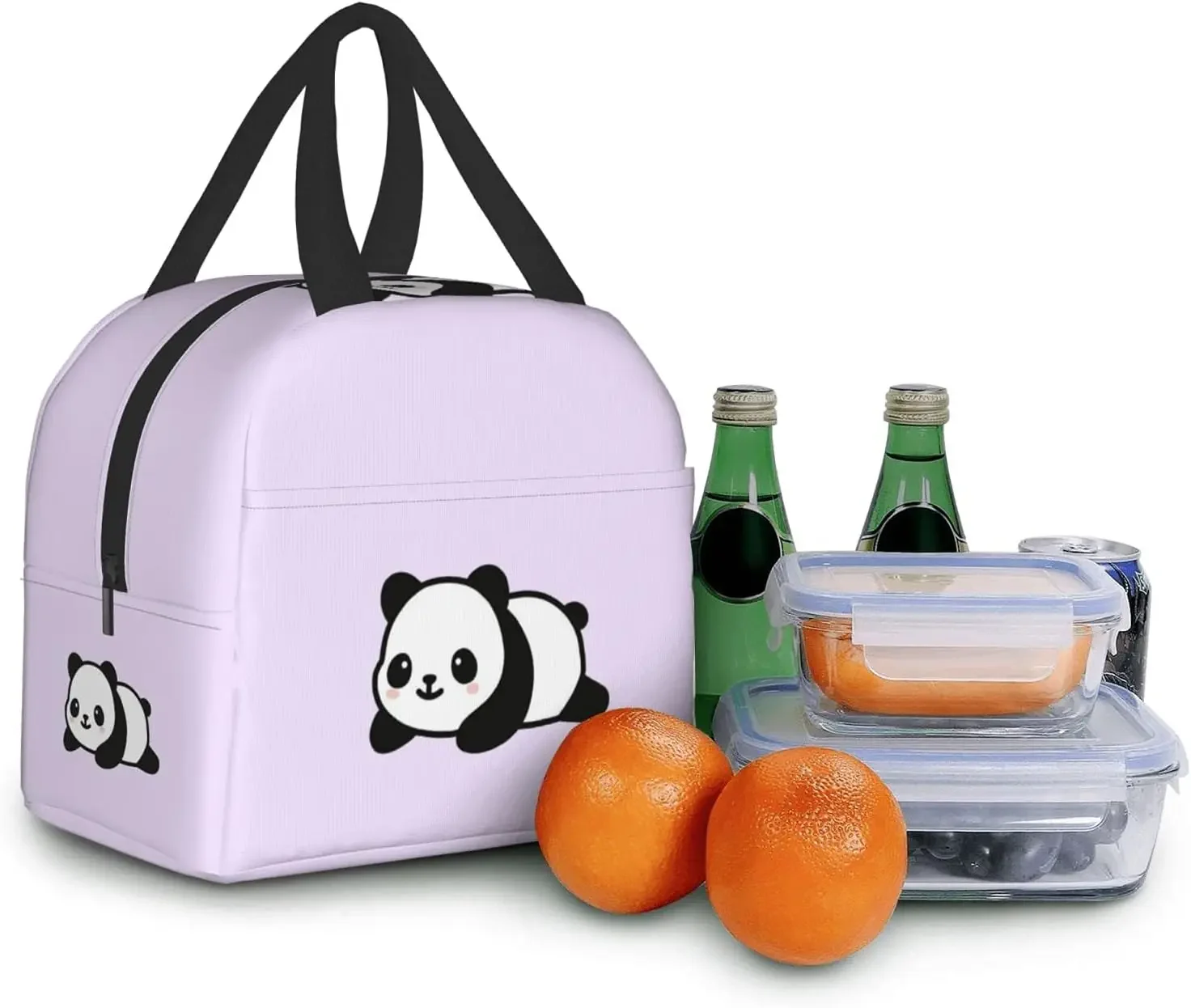 Cute Panda Purple Lunch Bags Insulated Lunch Box for Women Reusable Tote Cooler Bag for Shopping Picnic Travel