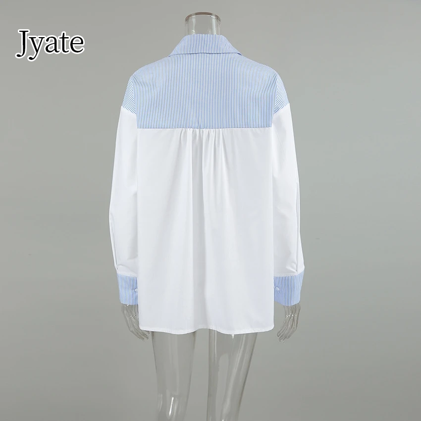 Jyate Patchwork Stripe Women Shirts Classic Turn Down Collar Long Sleeve Oversized Button Blouses And Tops Office Ladies Shirt